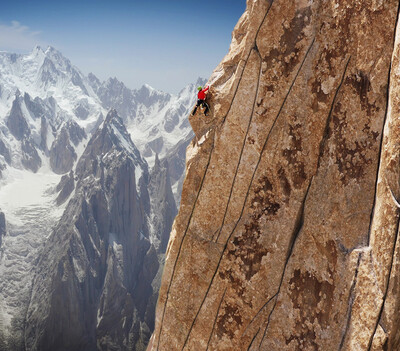 Jacopo Larcher nearing the summit of the Eternal Flame route, Nameless Tower, Pakistan.
