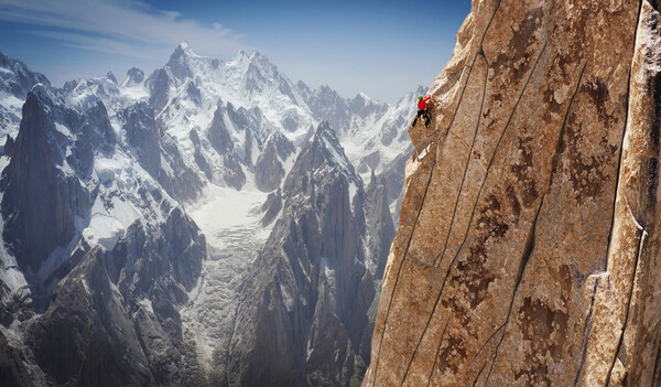 Jacopo Larcher nearing the summit of the Eternal Flame route, Nameless Tower, Pakistan.